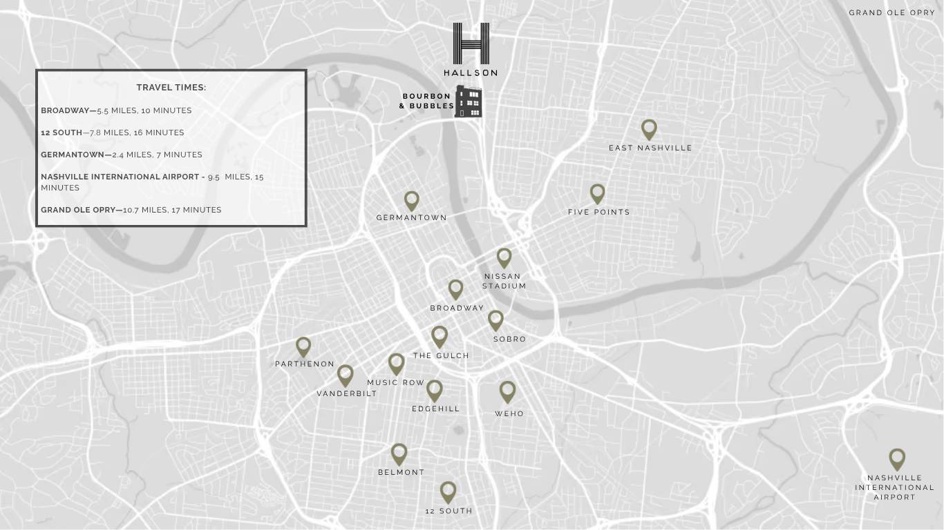 An informational map of Nashville highlights key attractions and neighborhoods, with a detailed inset box listing travel times and distances from the property to various points of interest.