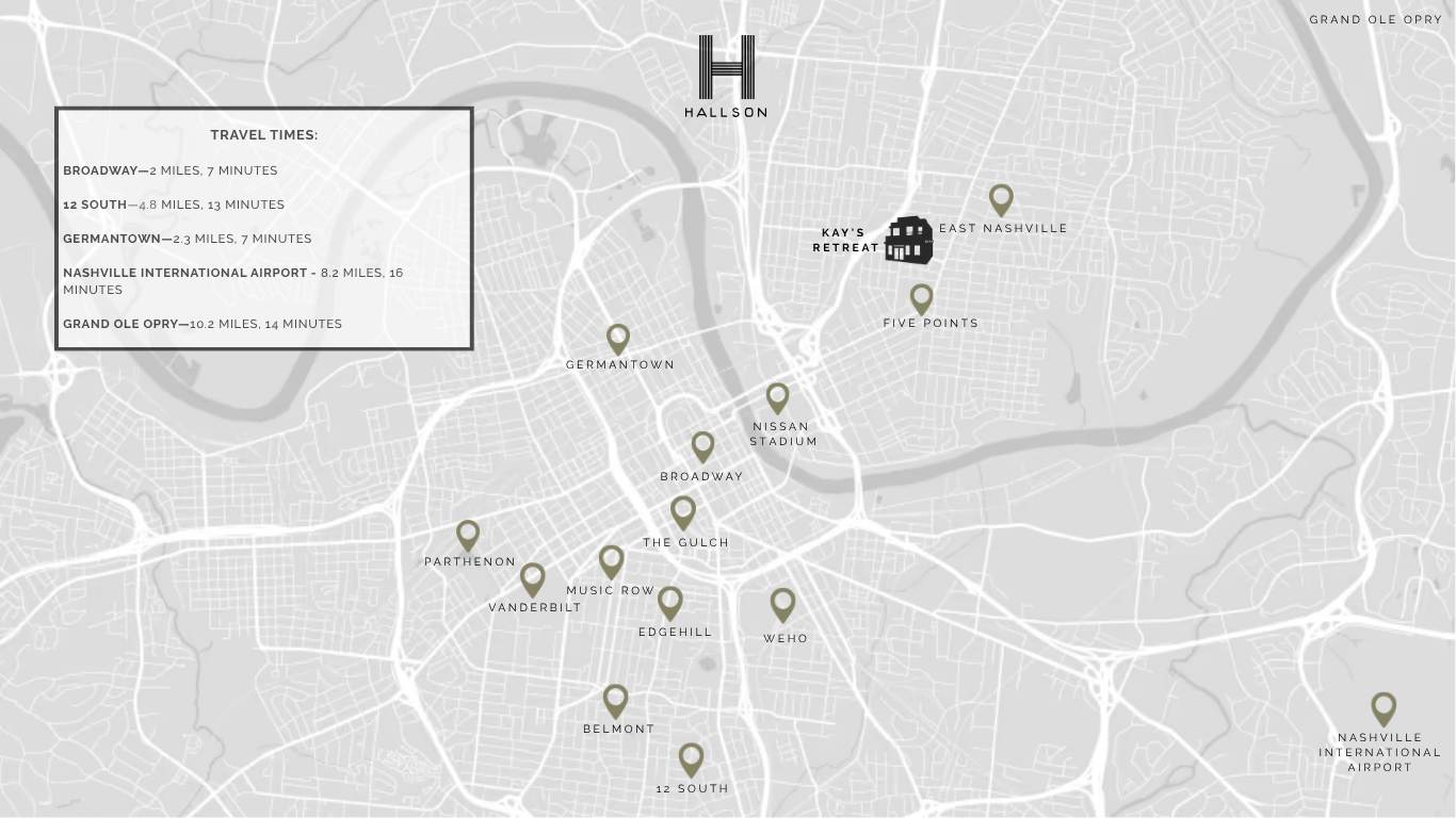 A grayscale map of Nashville highlighting key attractions and travel times from the property, marked with a "H" logo for Hallson. The map provides context for the property's convenient location.