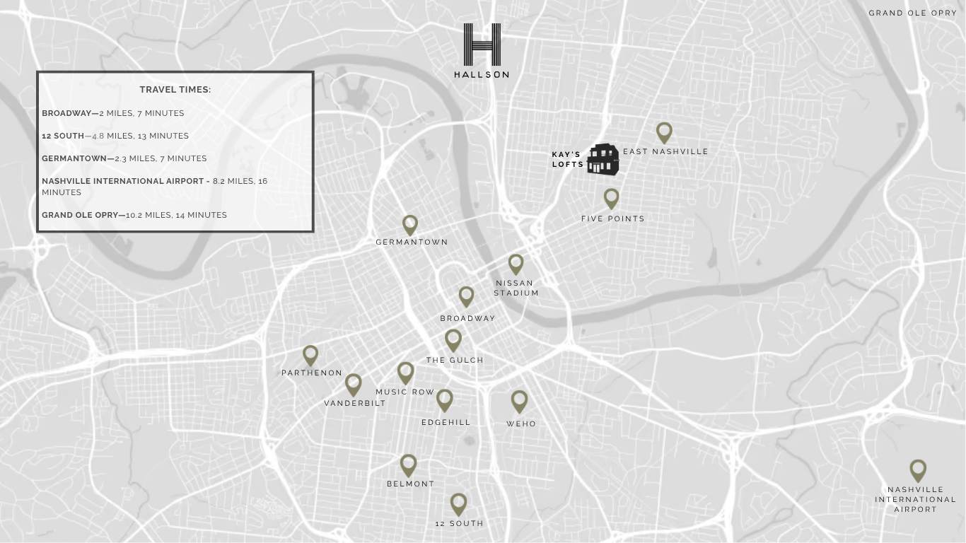 A detailed map of Nashville highlighting the location of 'Kay's Lofts' in East Nashville, with markers for various city landmarks and a text box detailing travel times to popular destinations like Broadway and the airport.
