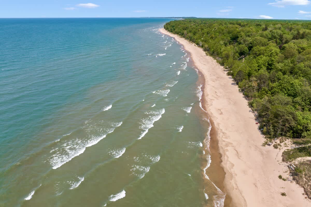 A sweeping aerial shot showcases the expansive sandy beach meeting the clear blue-green waters of a large lake, with white-capped waves gently rolling towards the shore and a lush green forest in the background.
