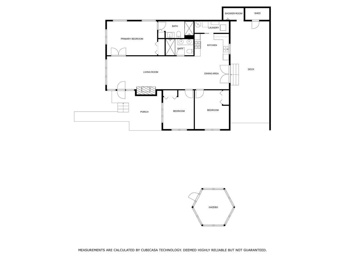 A black and white floor plan illustrates the layout of the house, including a primary bedroom, living room, two additional bedrooms, kitchen, dining area, two bathrooms, laundry, deck, and a separate gazebo.