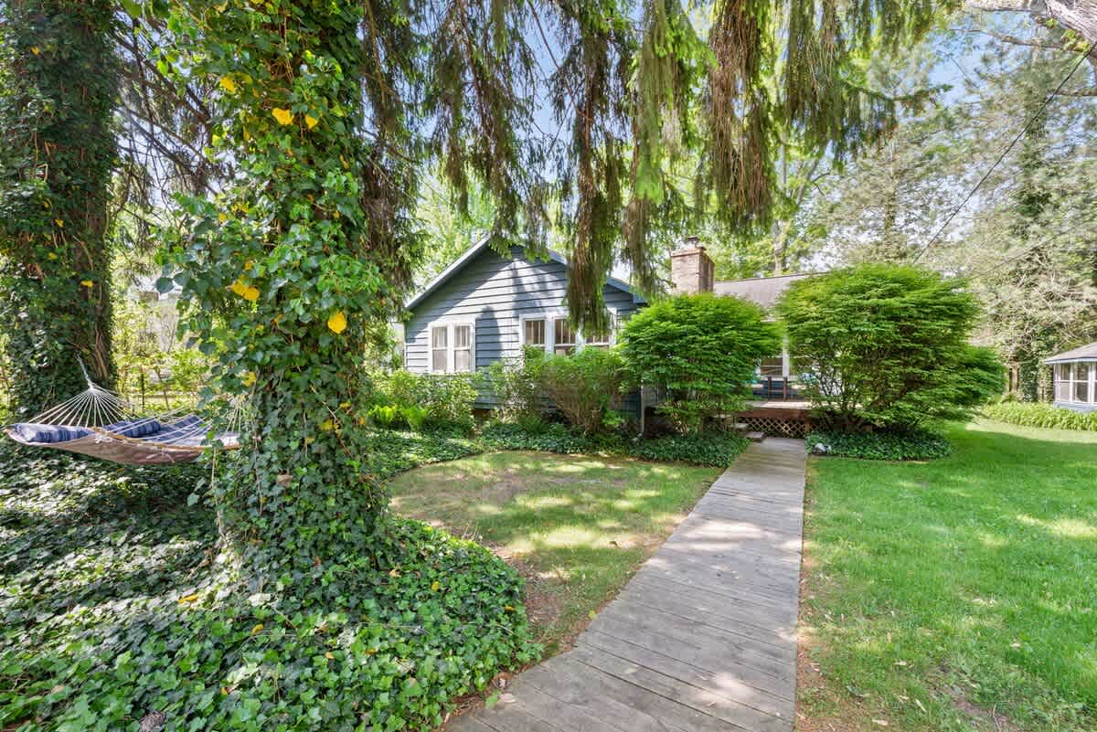 A wooden walkway leads through a verdant yard with ivy-covered trees and a hammock, towards the blue-sided house partially obscured by lush green bushes and trees.