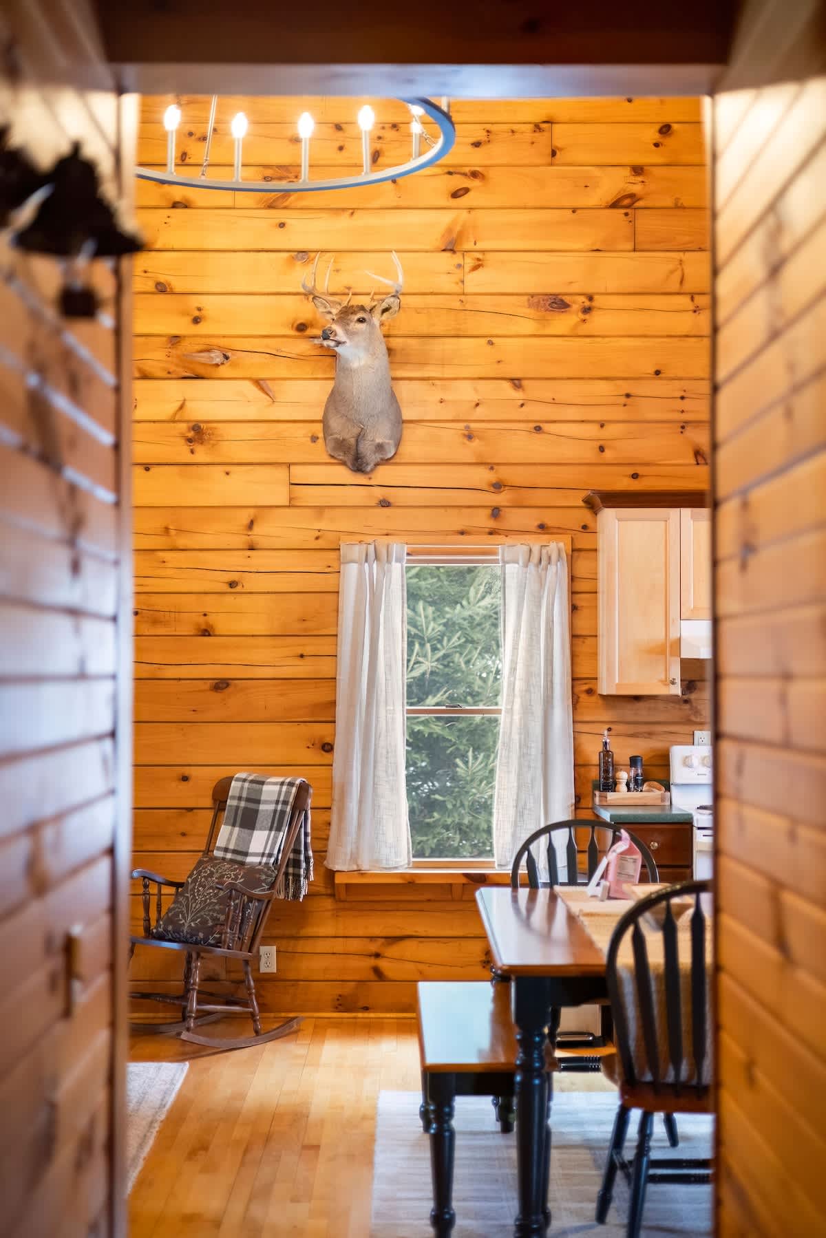 A view through a wooden doorway reveals a rustic interior with natural wood plank walls and hardwood floors. A rocking chair with a plaid blanket, a window, and a deer head mount are visible, leading into the kitchen and dining area.