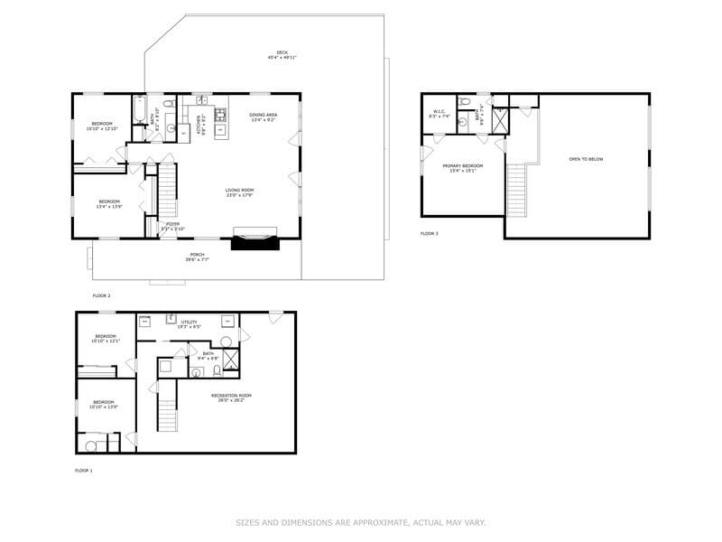 A detailed floor plan diagram displaying three levels of a house, including room labels like 'BEDROOM', 'LIVING ROOM', 'DINING AREA', 'PRIMARY BEDROOM', 'RECREATION ROOM', 'UTILITY', and 'BATH', along with dimensions and outdoor areas like 'DECK' and 'PORCH'.