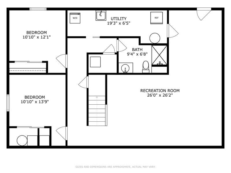 Lower level floor plan detailing two additional bedrooms, a utility room, a bathroom, and a spacious recreation room, accessible via stairs from the upper levels.