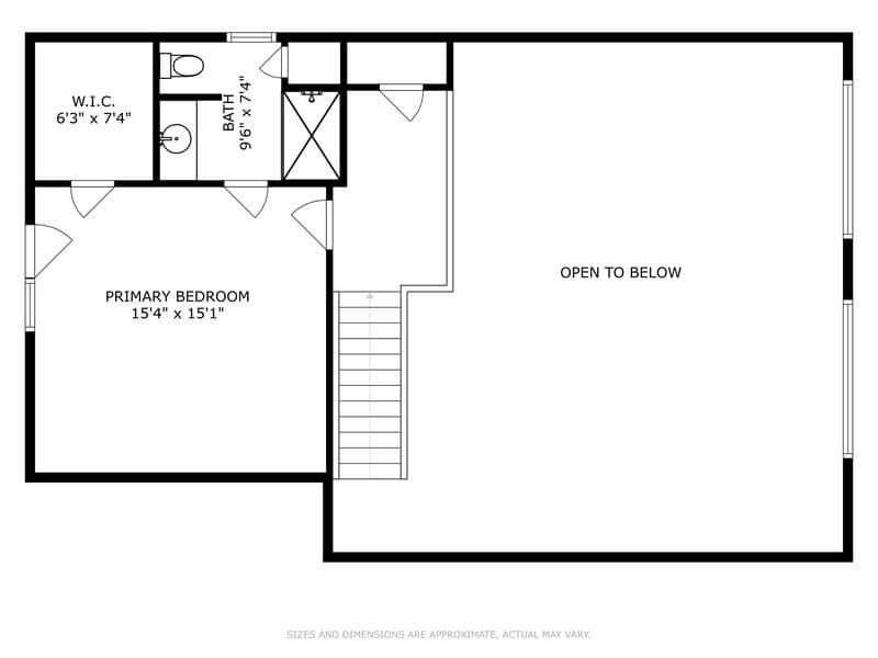 Upper level floor plan featuring a primary bedroom with a walk-in closet and an en-suite bathroom, alongside an open-to-below area overlooking the main living space.