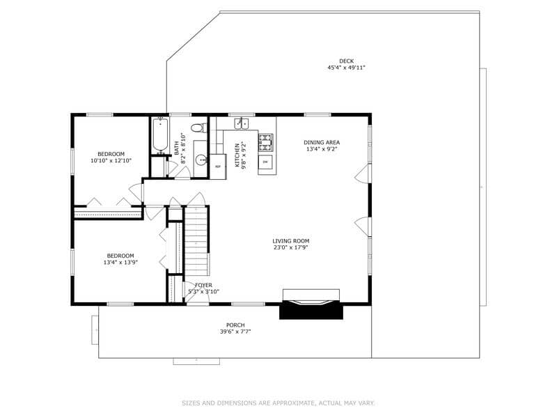 Detailed floor plan of the main level, illustrating the layout of the foyer, living room, dining area, kitchen, two bedrooms, one bathroom, a front porch, and an expansive rear deck.