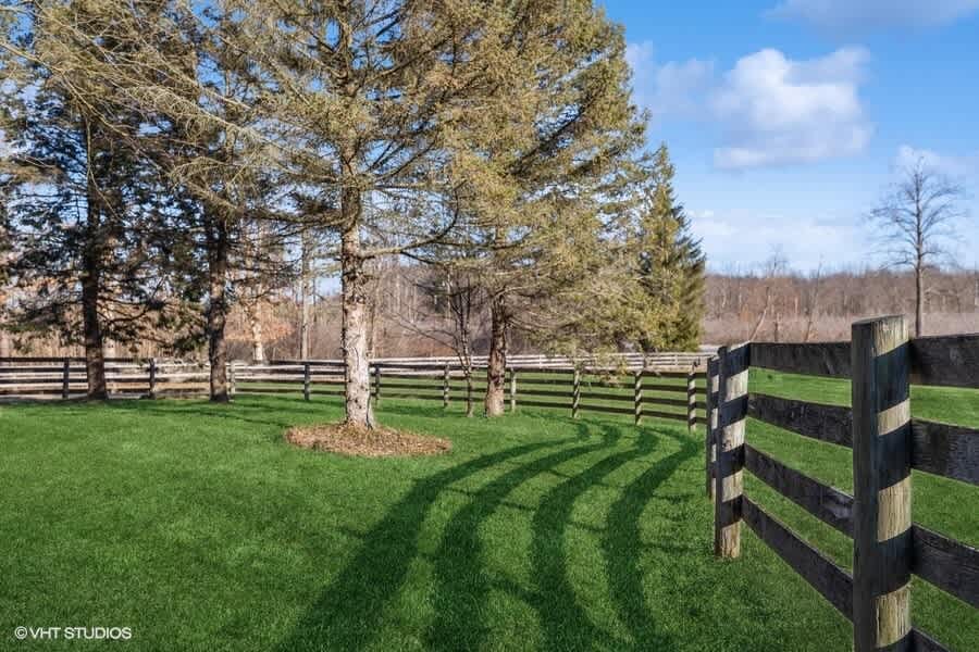 Lush green lawn with a rustic wooden fence enclosing the property, featuring several tall evergreen trees casting long shadows under a bright blue sky.