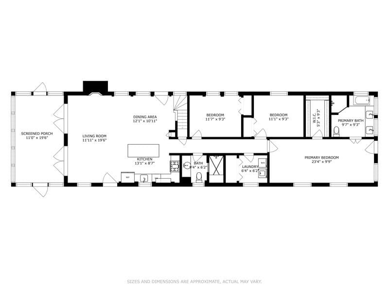This black and white floor plan specifically details the first floor, showcasing the layout of the screened porch, living room, kitchen, dining area, three bedrooms, two bathrooms, and a laundry room.