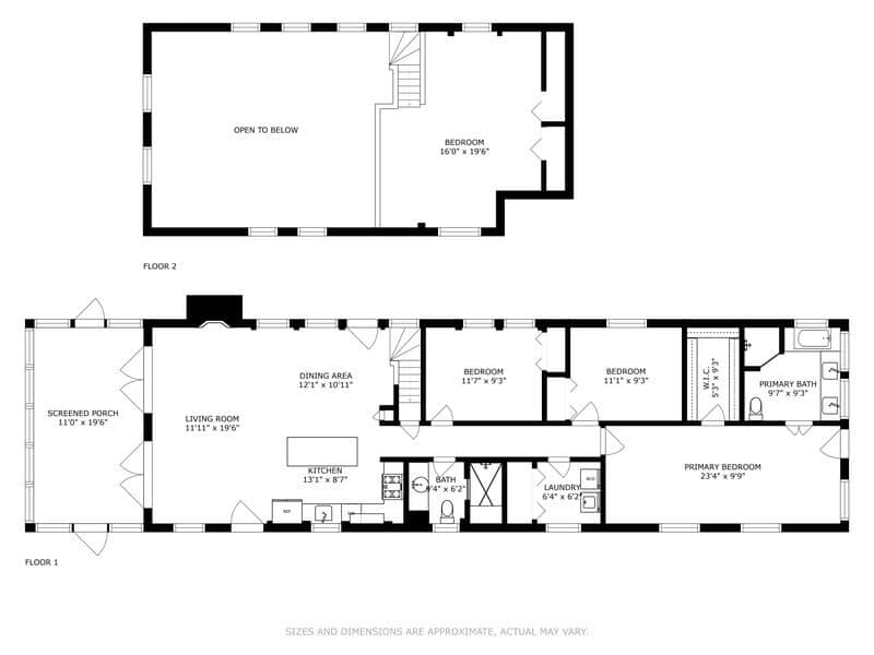 A black and white floor plan illustrates the complete layout of both Floor 1 and Floor 2, detailing the arrangement of rooms including bedrooms, bathrooms, living areas, and a screened porch with dimensions.