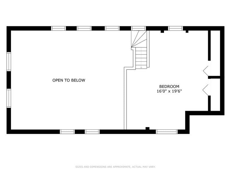 A black and white floor plan displays the second floor, featuring an open-to-below area and a single bedroom with stairs leading down, indicating the upper level's layout and dimensions.