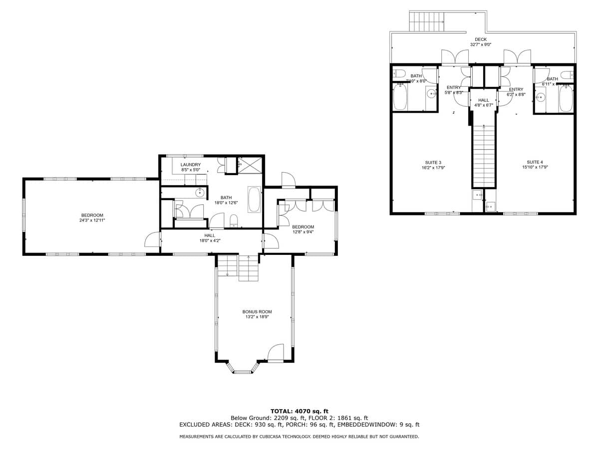 A black and white floor plan displaying the 'Below Ground' and 'Floor 2' layouts of the house, detailing rooms like bedrooms, baths, laundry, bonus room, and suites with dimensions.