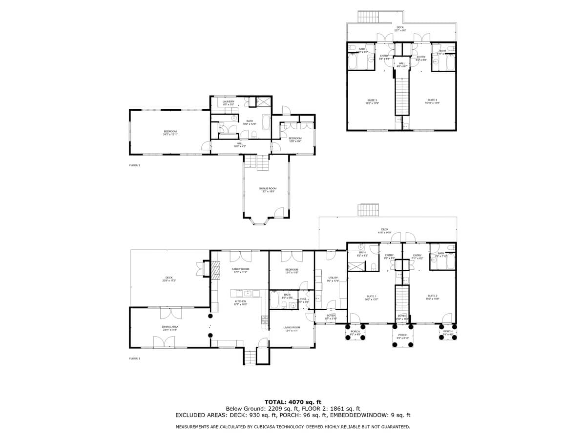 A black and white floor plan illustrating 'Floor 1' of the house, including a dining area, family room, kitchen, bedroom, living room, and multiple suites, alongside smaller layouts for other floors.