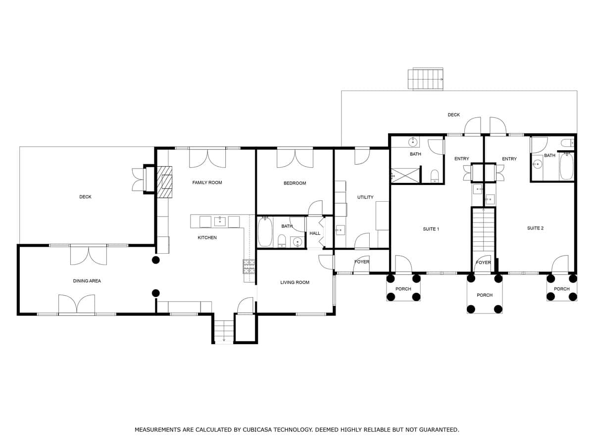 A detailed black and white floor plan of 'Floor 1' of the house, outlining rooms such as a dining area, family room, kitchen, bedroom, living room, utility, and multiple suites with associated bathrooms and foyers.