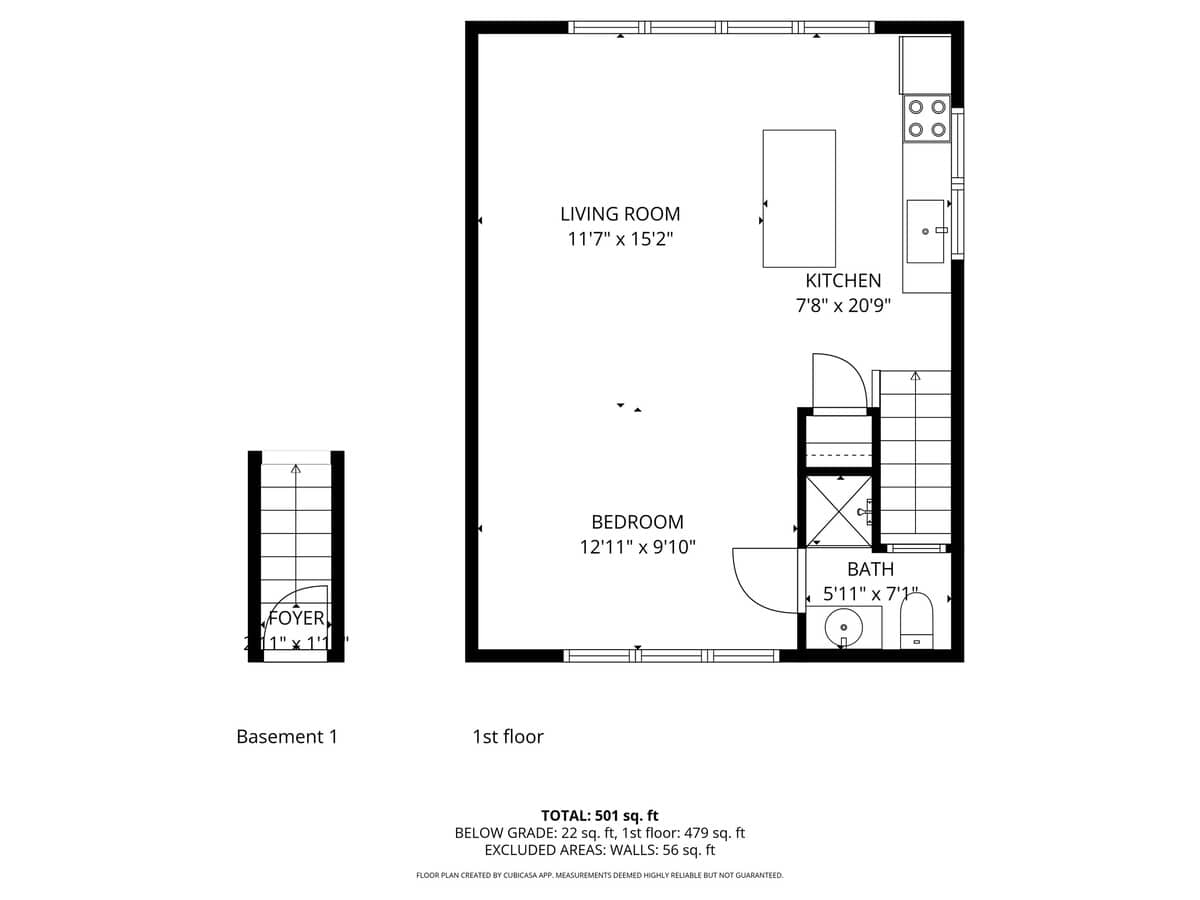 A floor plan displays the layout of a first floor, featuring a living room, kitchen, bedroom, bath, and foyer, with a total area of 501 sq. ft.