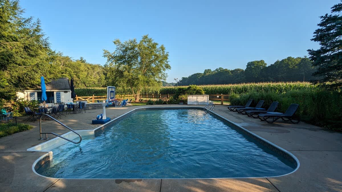 A spacious rectangular outdoor swimming pool with a shallow entry, surrounded by a wide concrete deck furnished with lounge chairs and a small pool house. The area is set against a picturesque backdrop of tall cornfields and mature trees.