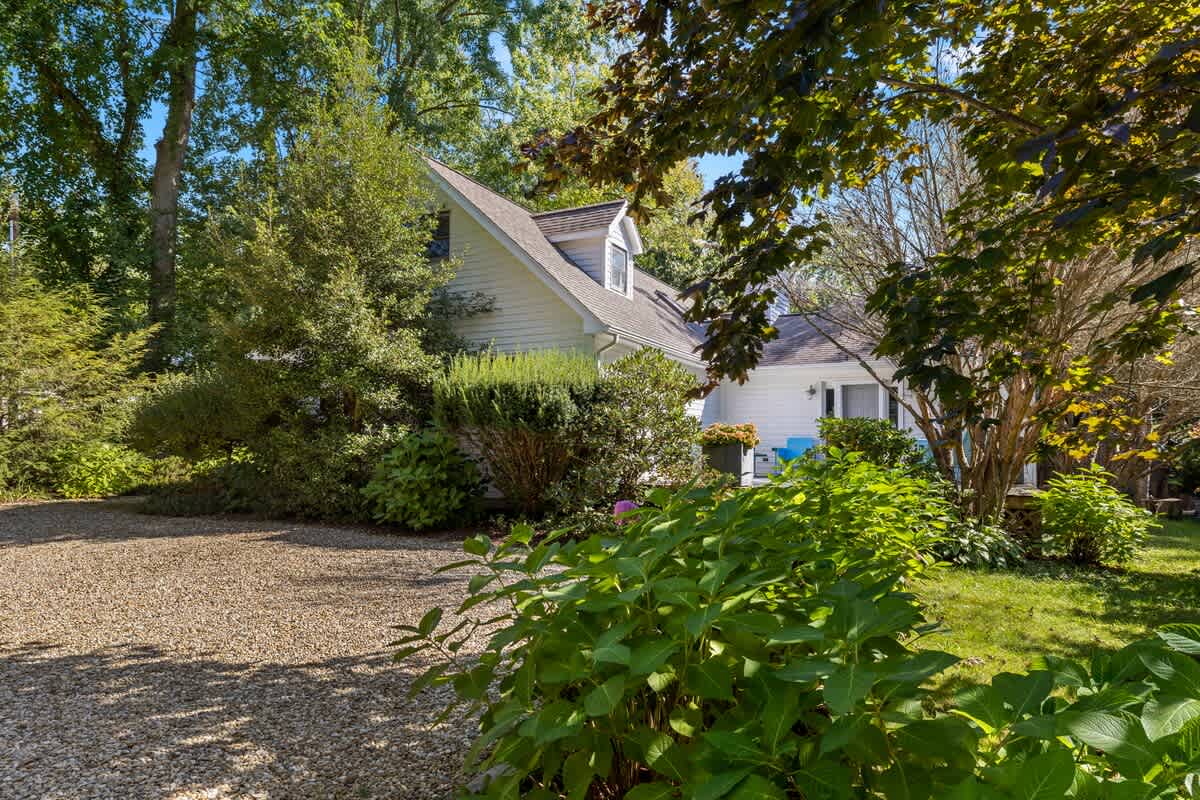 A charming white house with a gabled roof, partially obscured by lush green trees and shrubs, with a gravel driveway leading up to it under a bright sky.