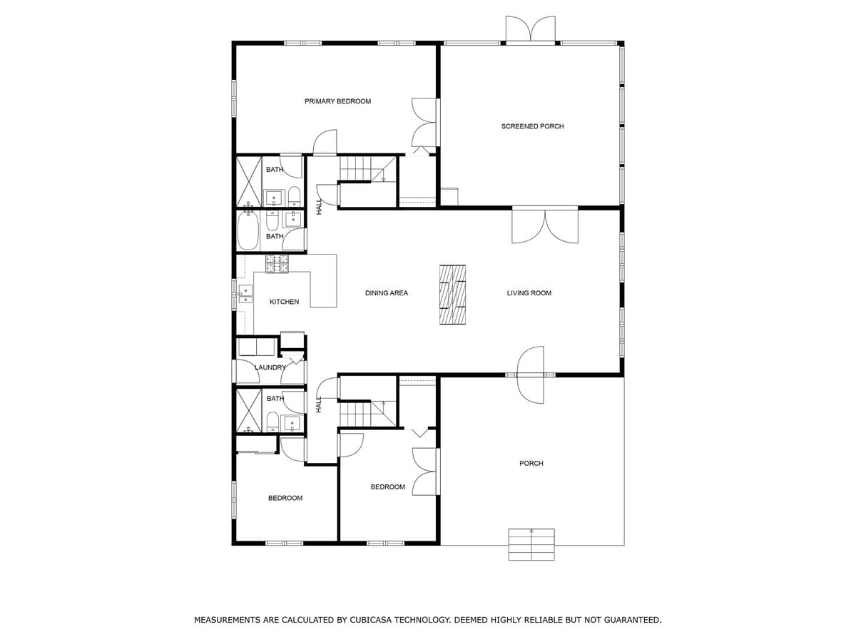 A detailed black and white floor plan of the first level, showing the layout of a primary bedroom, kitchen, dining area, living room, screened porch, and additional bedrooms and bathrooms.