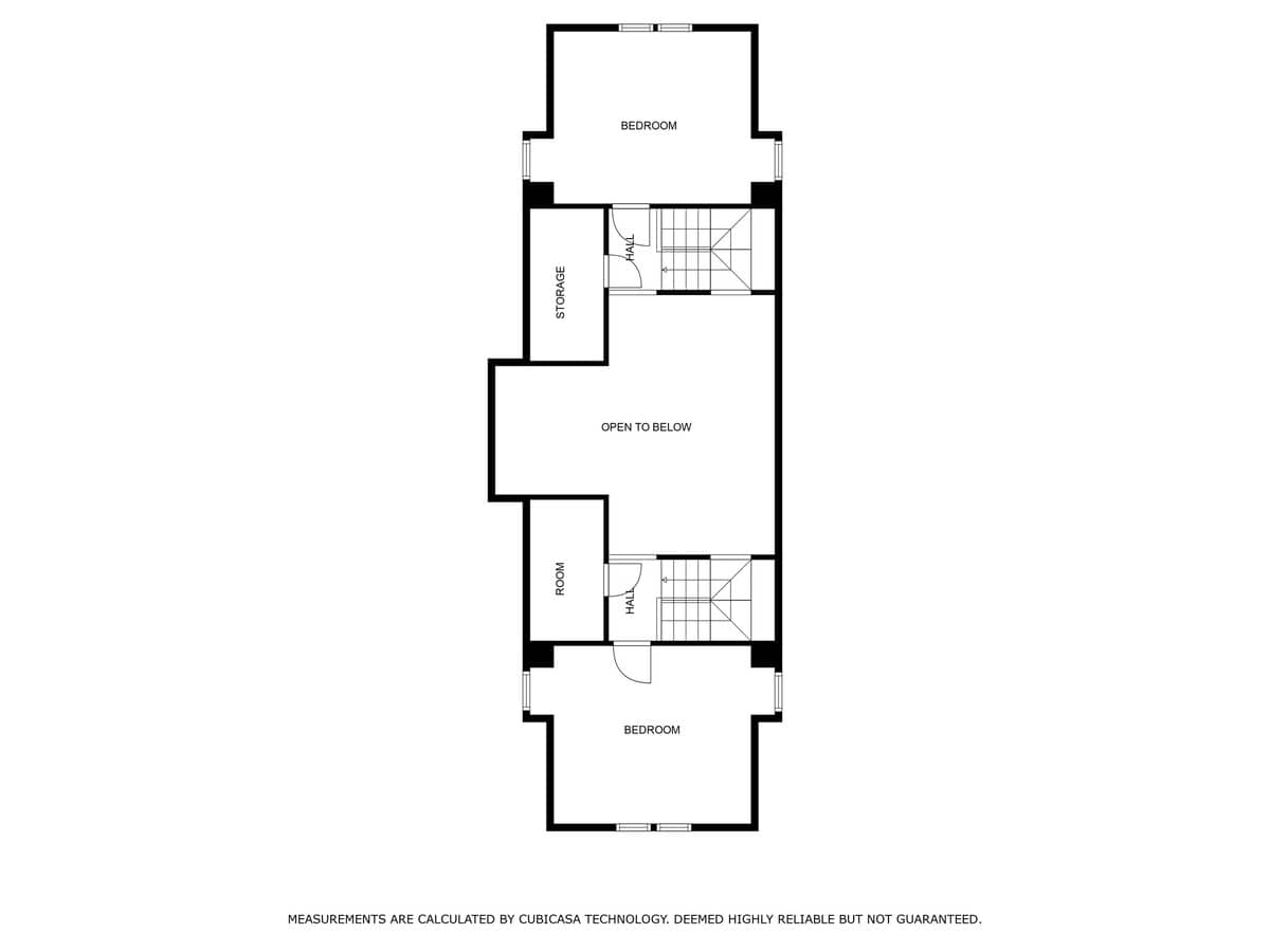 A black and white floor plan of the second level, illustrating two bedrooms, a storage area, and an "open to below" section, connected by a central hall and stairs.