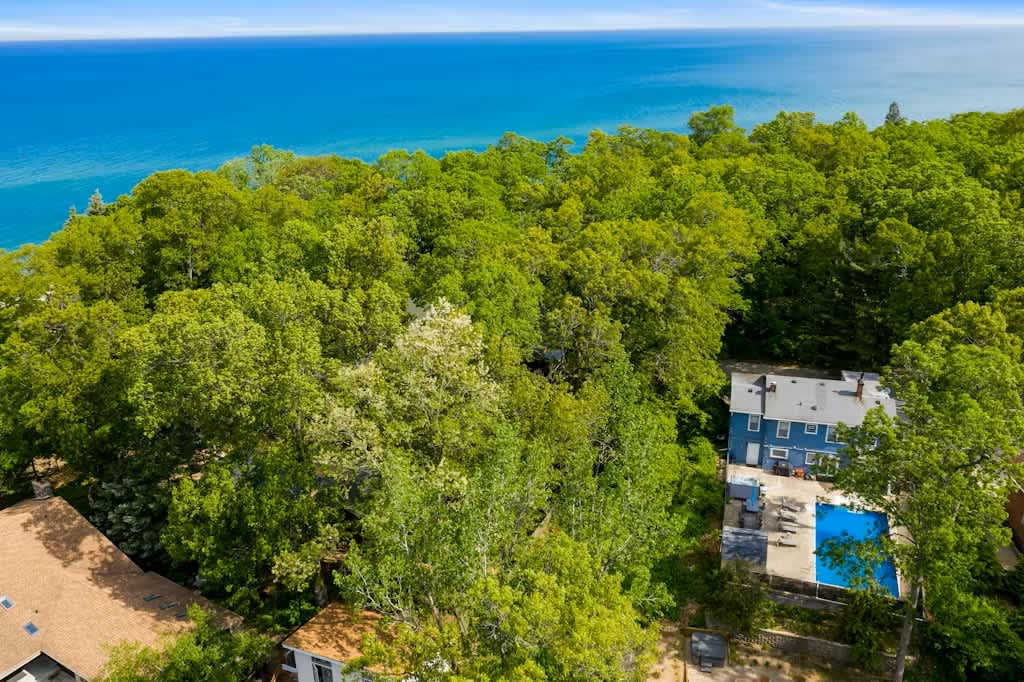 High aerial view showcasing the blue house with its pool and hot tub nestled among dense green trees, with a vast expanse of bright blue water, likely a lake or ocean, visible in the background under a clear sky.