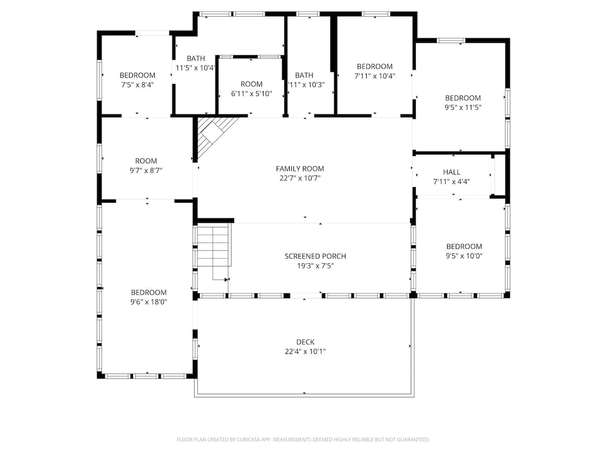 Detailed floor plan illustrating the second floor layout of a house, showing multiple bedrooms, bathrooms, a family room, screened porch, and a deck with dimensions.