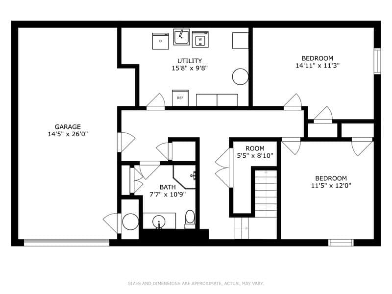 Lower level floor plan showcasing two additional bedrooms, a bathroom, a utility room, and an integrated garage, complete with measurements for each distinct area.