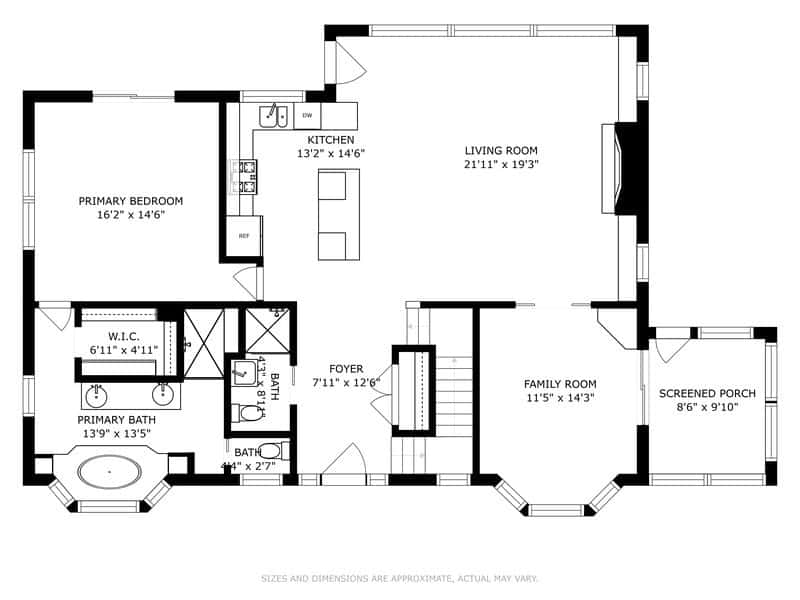 Comprehensive floor plan of the main level, detailing a primary bedroom with en-suite bath and walk-in closet, kitchen, living room, family room, foyer, and a screened porch, with all room dimensions.