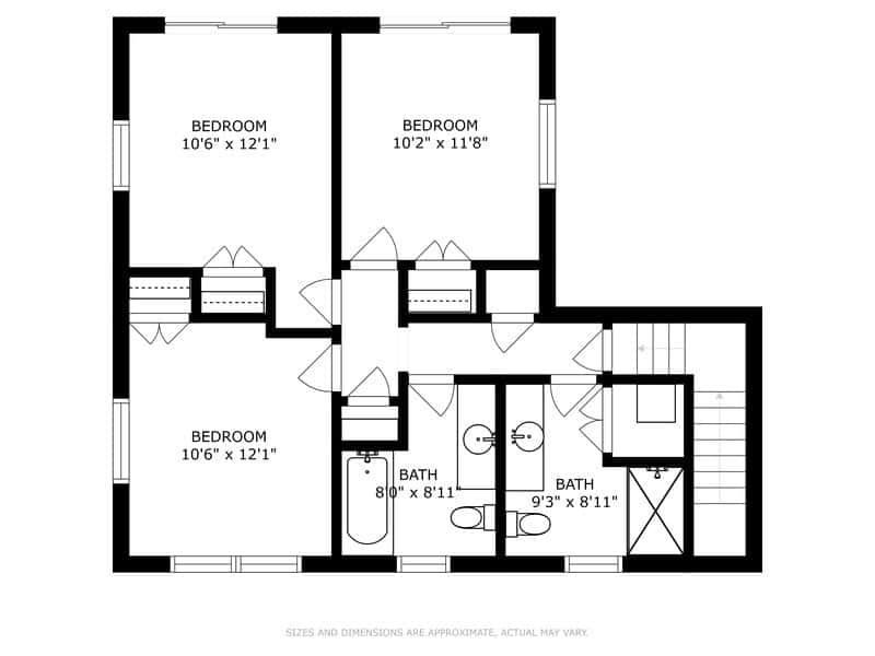 Detailed floor plan illustrating the upper level of the house, featuring three bedrooms, two bathrooms, and a central hallway with closet spaces, showing dimensions for each area.
