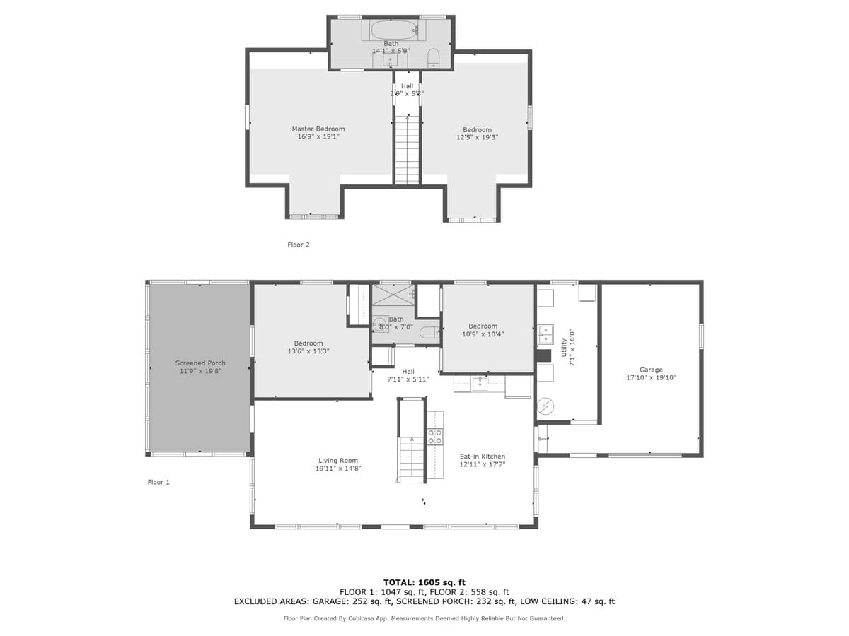 Comprehensive floor plan displaying both the first and second floor layouts, including living spaces, bedrooms, bathrooms, kitchen, screened porch, and garage with room dimensions.