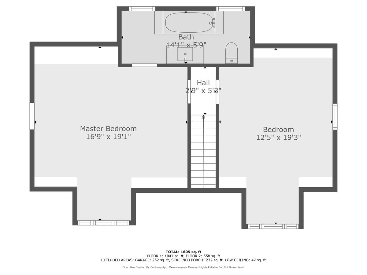 Detailed floor plan for the second floor, illustrating the layout of a master bedroom, an additional bedroom, and a bathroom, all accessible from a central hall with dimensions.