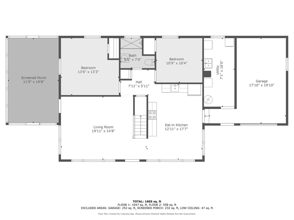 Detailed floor plan for the first floor, showing the layout of a living room, eat-in kitchen, bedroom, bathroom, screened porch, utility room, and garage with dimensions.