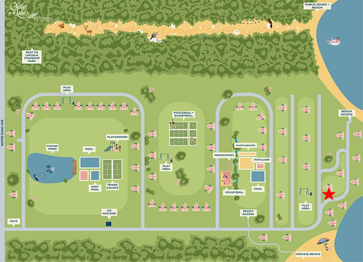 Illustrated map of the resort showing the layout of chalets, various amenities like pools, tennis courts, playgrounds, and beach access points, set within a wooded area.