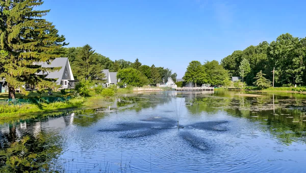 Tranquil pond with a decorative fountain spraying water, surrounded by lush green trees and grass, with several A-frame chalets visible in the background under a clear blue sky.