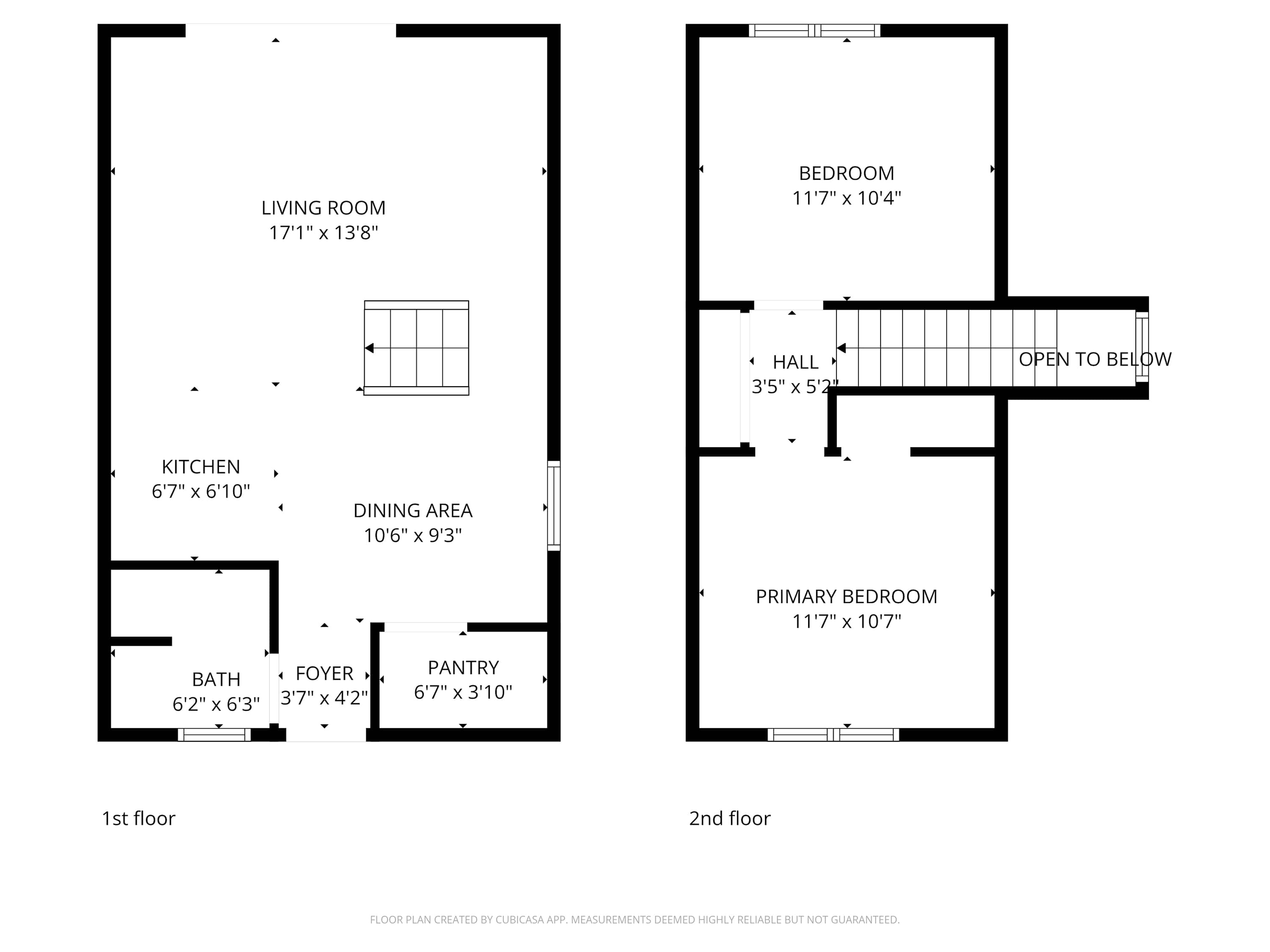 A black and white floor plan illustrating the 1st and 2nd floors of the chalet, detailing the layout of the living room, kitchen, dining area, bath, foyer, pantry, and two bedrooms with dimensions.