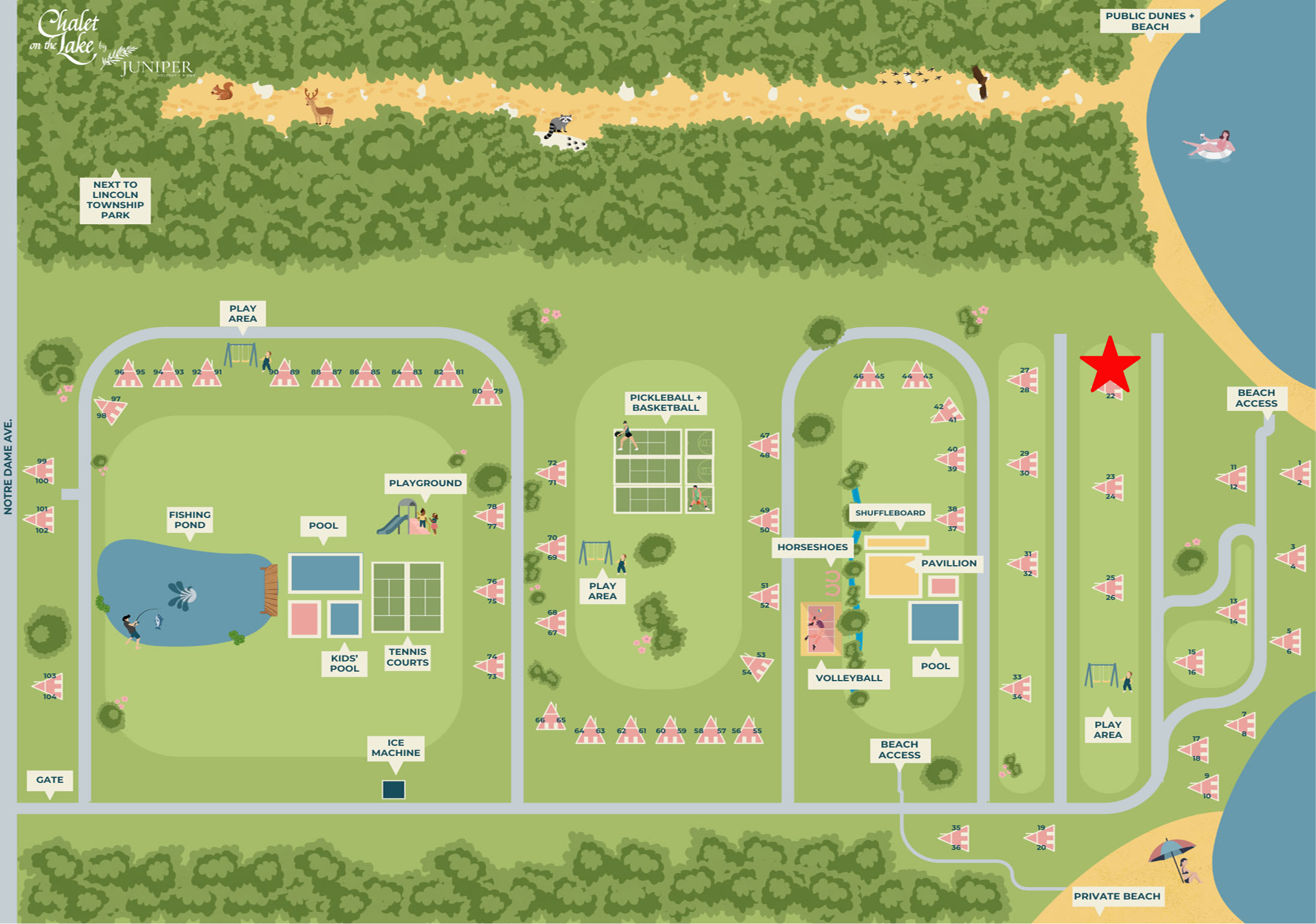 Illustrated map of the Chalet on the Lake resort, detailing the layout of A-frame chalets, communal pools, tennis courts, playground, fishing pond, beach access, and other recreational amenities.