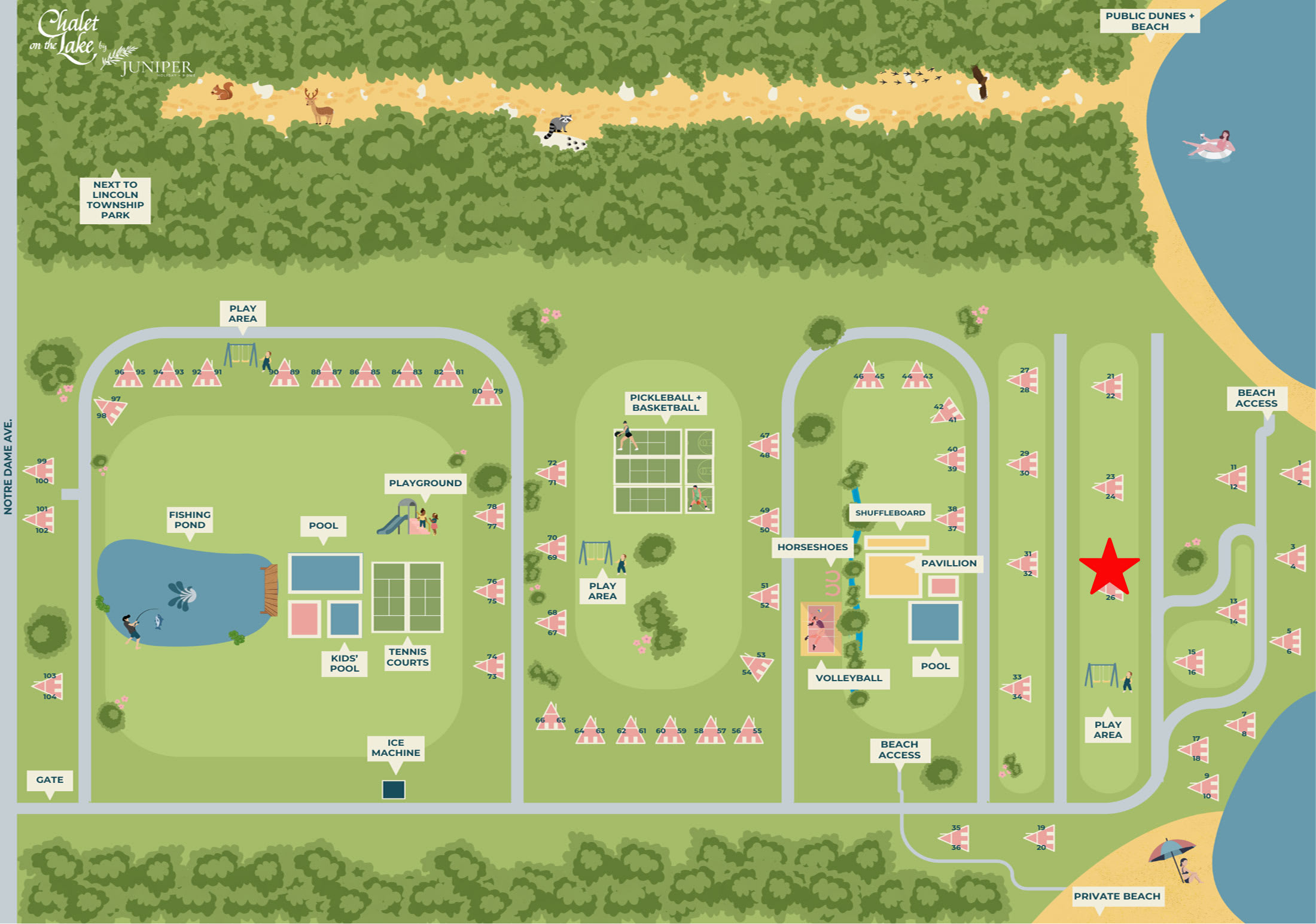 Illustrated map of the Chalet on the Lake resort by Juniper, detailing the layout of chalets, amenities like pools, tennis courts, playgrounds, and beach access points. A red star highlights a specific chalet, likely #25.