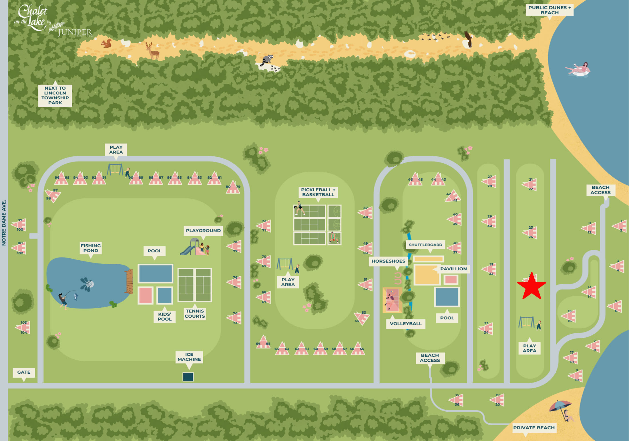 A colorful, detailed map of the Chalet on the Lake resort, showing the layout of A-frame chalets, various recreational amenities like pools, tennis courts, playgrounds, and beach access points. A red star marks a specific chalet location.