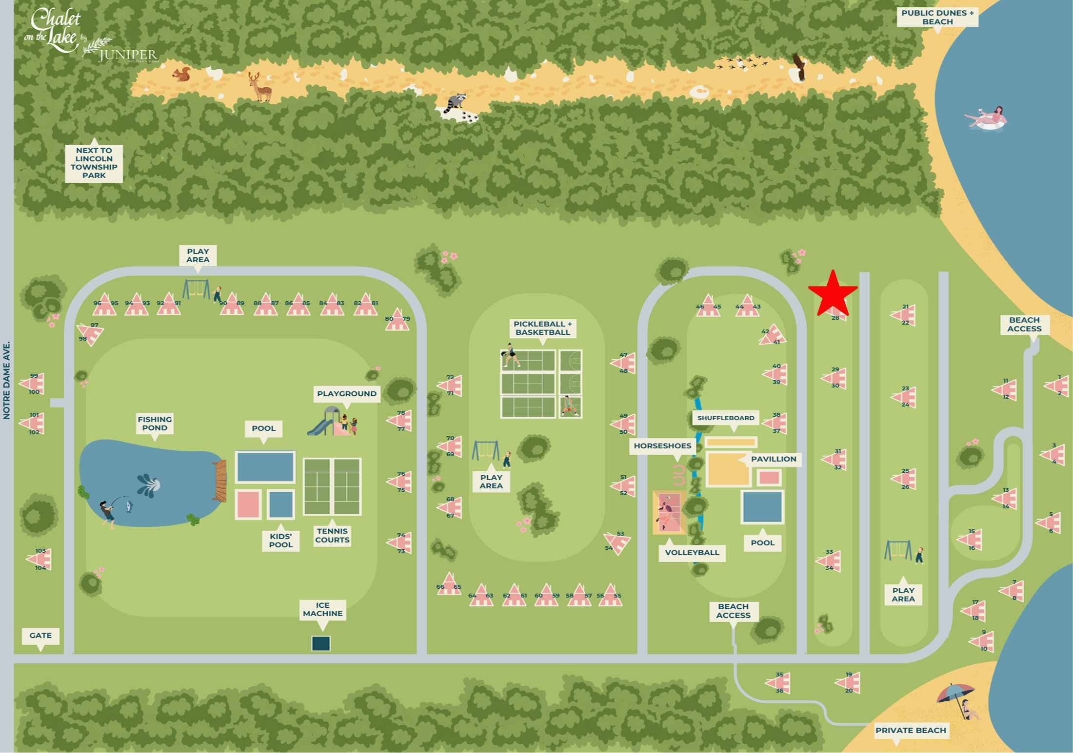Illustrated resort map displaying the layout of chalets, various amenities like fishing pond, pools, tennis courts, playgrounds, pickleball/basketball court, and beach access points.