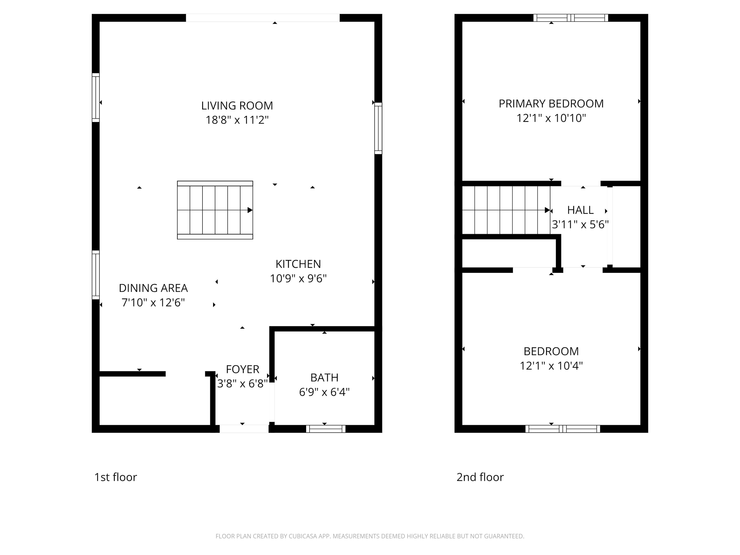 Detailed floor plan illustrating the layout of the 1st and 2nd floors, showing rooms like living room, kitchen, dining area, foyer, bath, primary bedroom, and a second bedroom with dimensions.