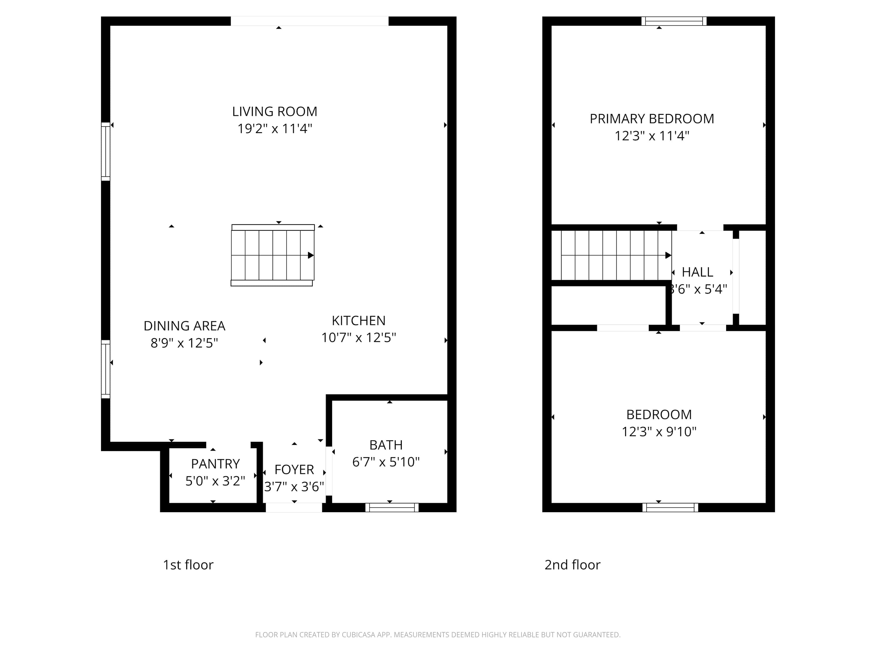 A detailed 2D floor plan illustrates the layout of a two-story chalet, showing the living room, dining area, kitchen, pantry, foyer, and bath on the first floor, and two bedrooms and a hall on the second floor, with dimensions provided.