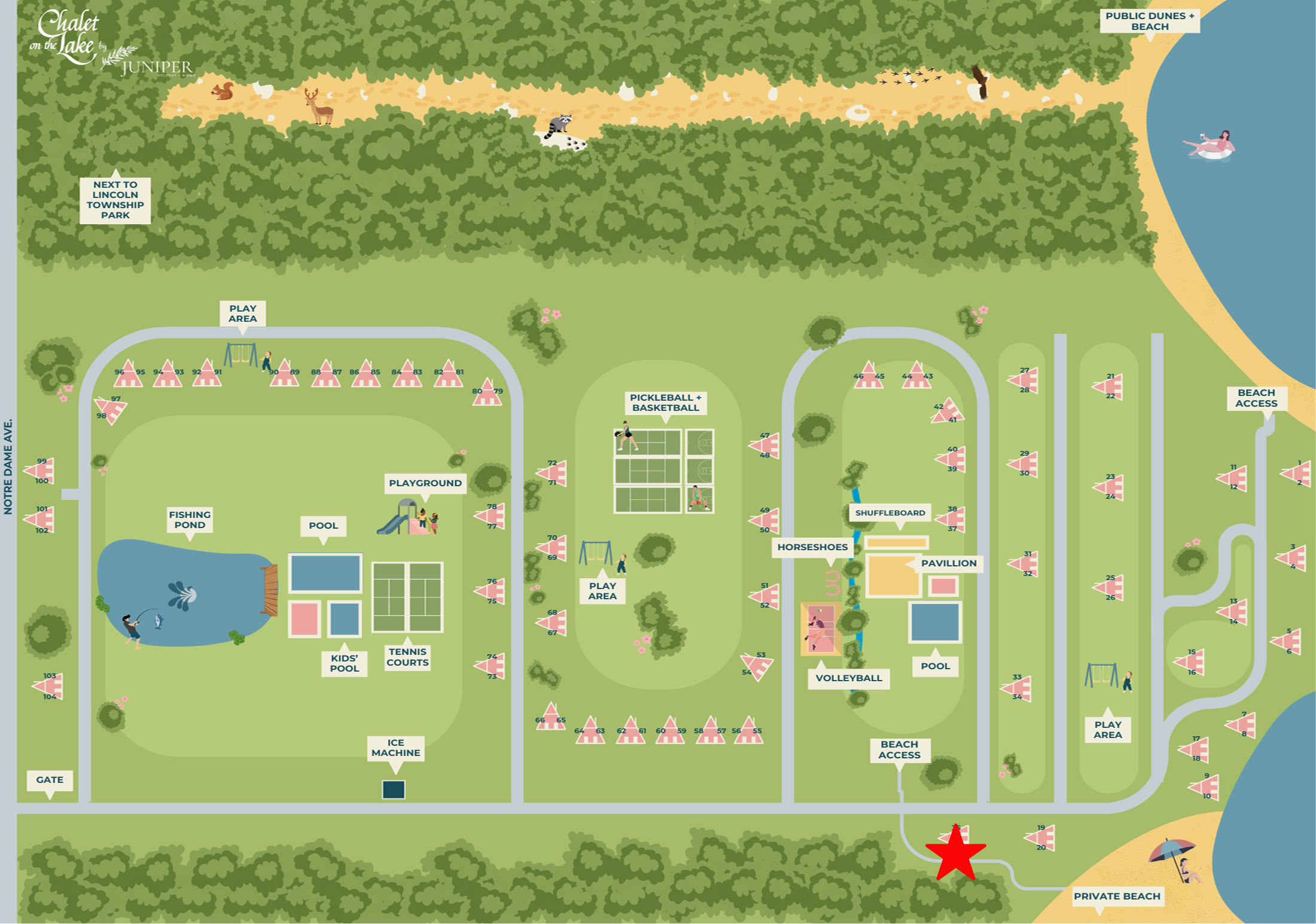 Illustrated map of the Chalet on the Lake resort, showing numerous A-frame chalets, various recreational facilities like pools, tennis courts, playgrounds, and access points to the lake and public dunes.