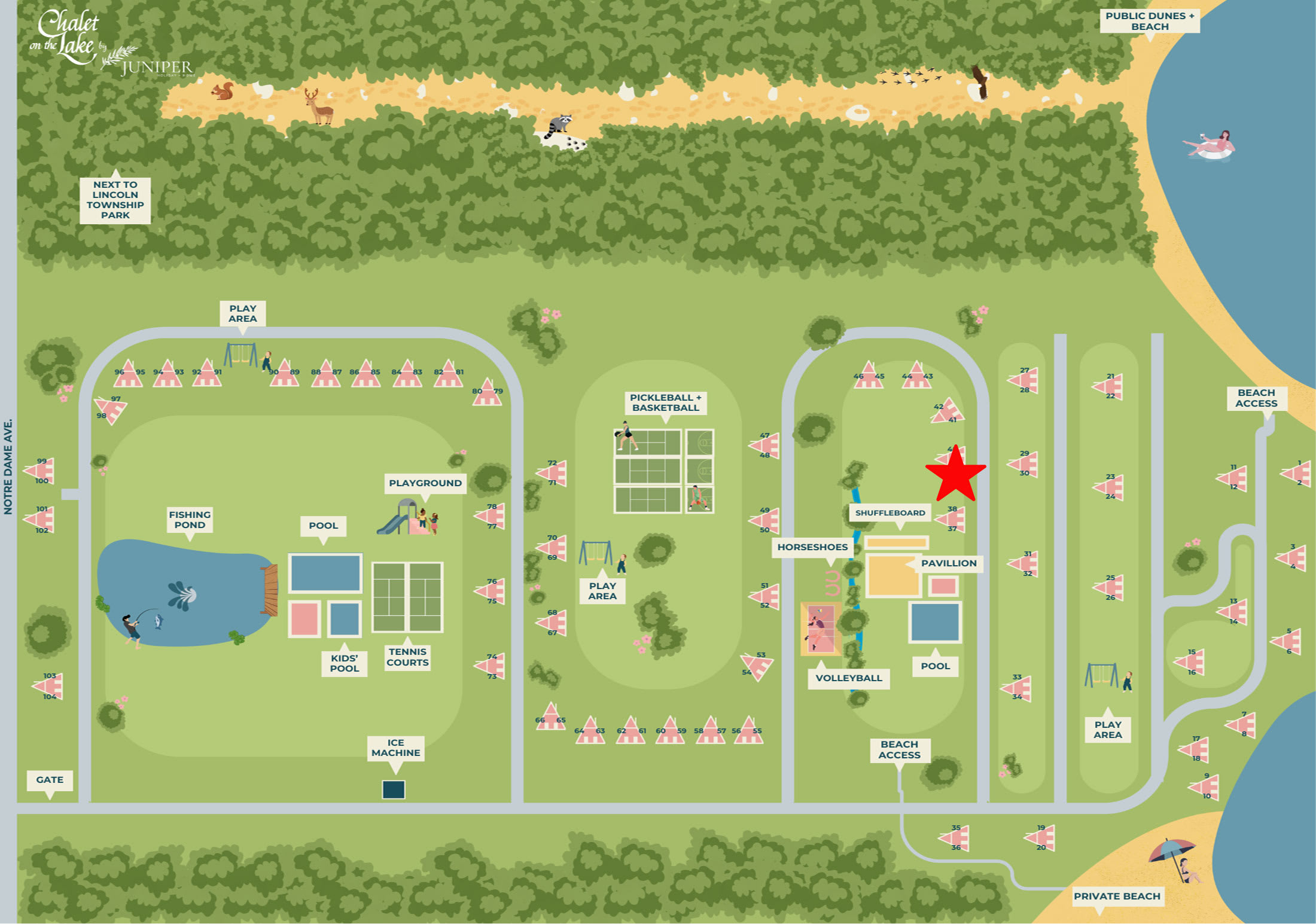 An aerial resort map of 'Chalet on the Lake Juniper', highlighting Chalet #39 with a red star and showcasing various communal amenities like pools, tennis courts, playgrounds, and beach access points.