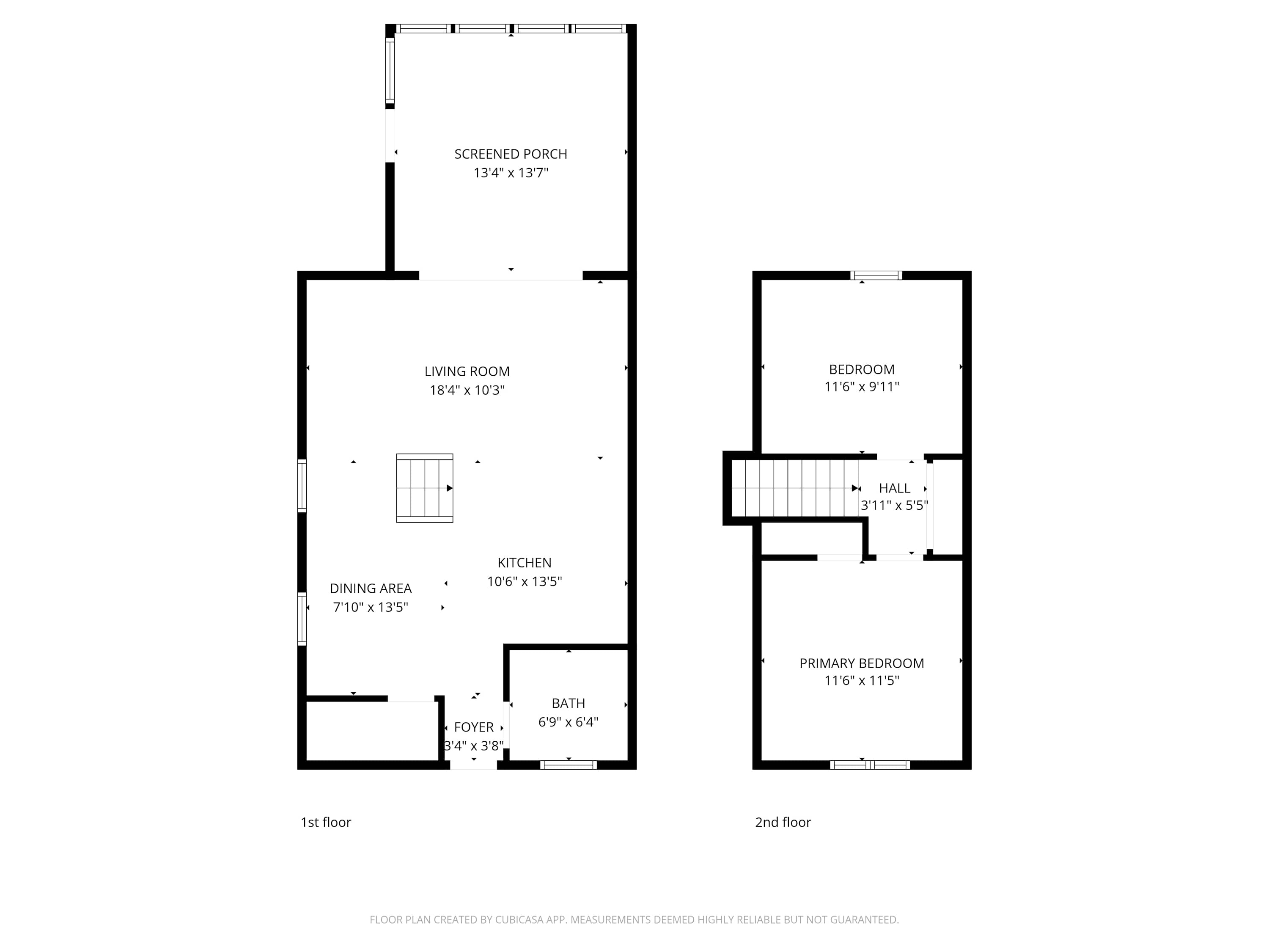 A detailed two-story floor plan of the chalet, outlining the first floor with a screened porch, living room, kitchen, dining area, foyer, and bath, and the second floor with two bedrooms and a hall, complete with dimensions.