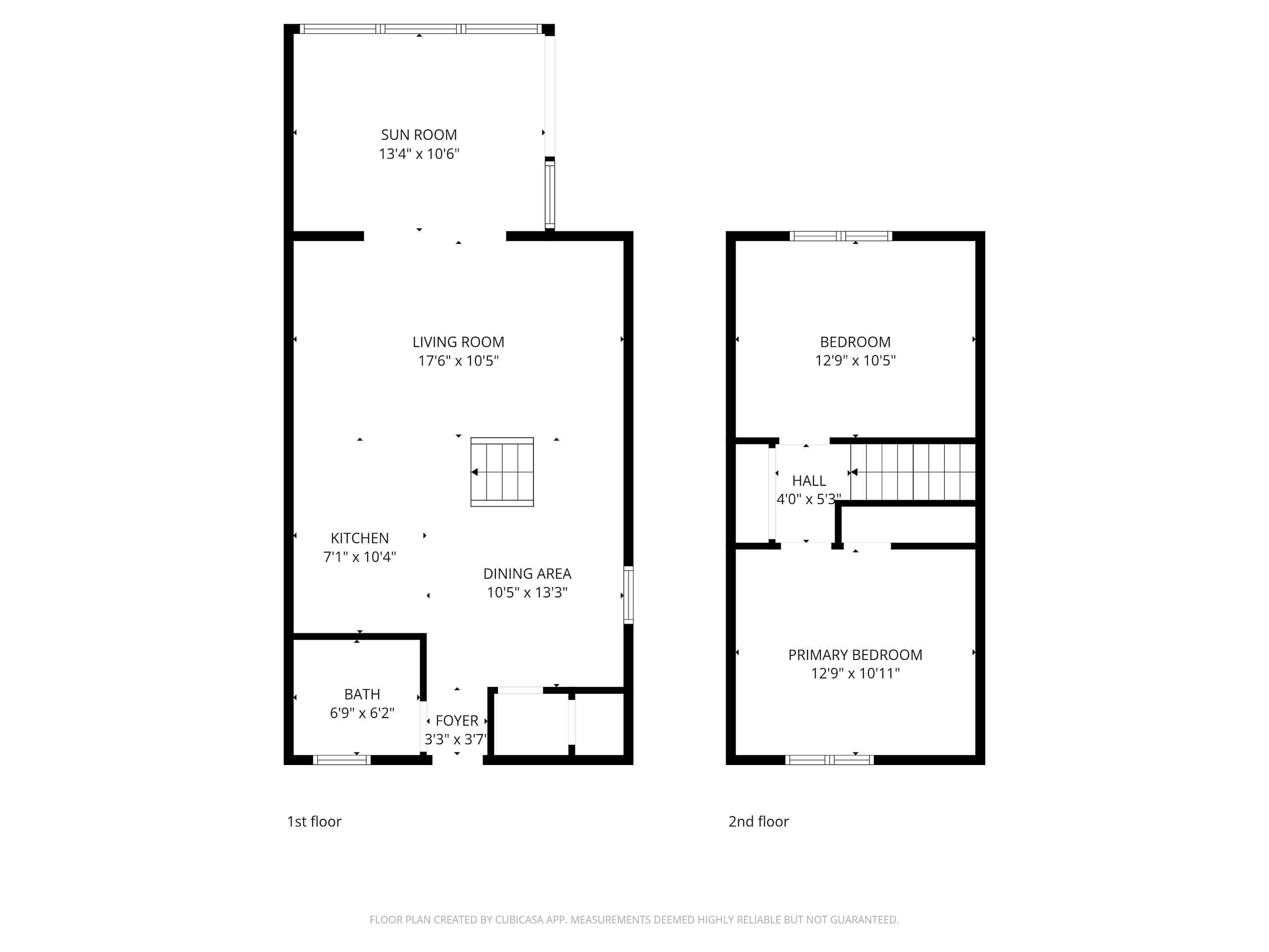 A detailed two-story floor plan showing the layout of a chalet, including a sun room, living room, kitchen, dining area, bath, and foyer on the first floor, with a hall, primary bedroom, and another bedroom on the second floor, all with dimensions.