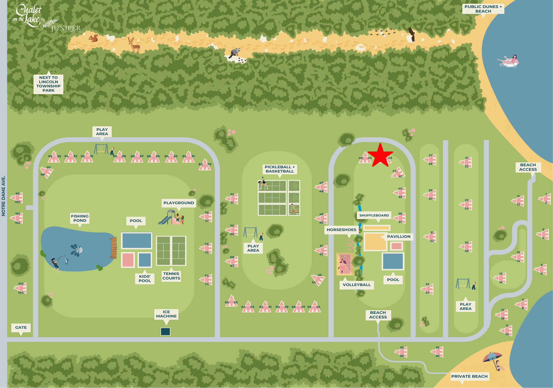 An aerial-style map of the 'Chalet on the Lake Juniper' resort, highlighting various amenities like pools, tennis courts, pickleball/basketball courts, playgrounds, a fishing pond, and beach access, with chalet locations marked by small triangles and a red star indicating a specific chalet.