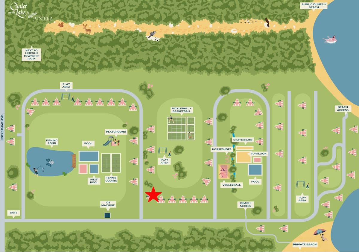 Illustrated map of a resort community, showing numerous A-frame chalets, various recreational facilities like tennis courts, pools, playground, fishing pond, and beach access points. A red star highlights a specific chalet.