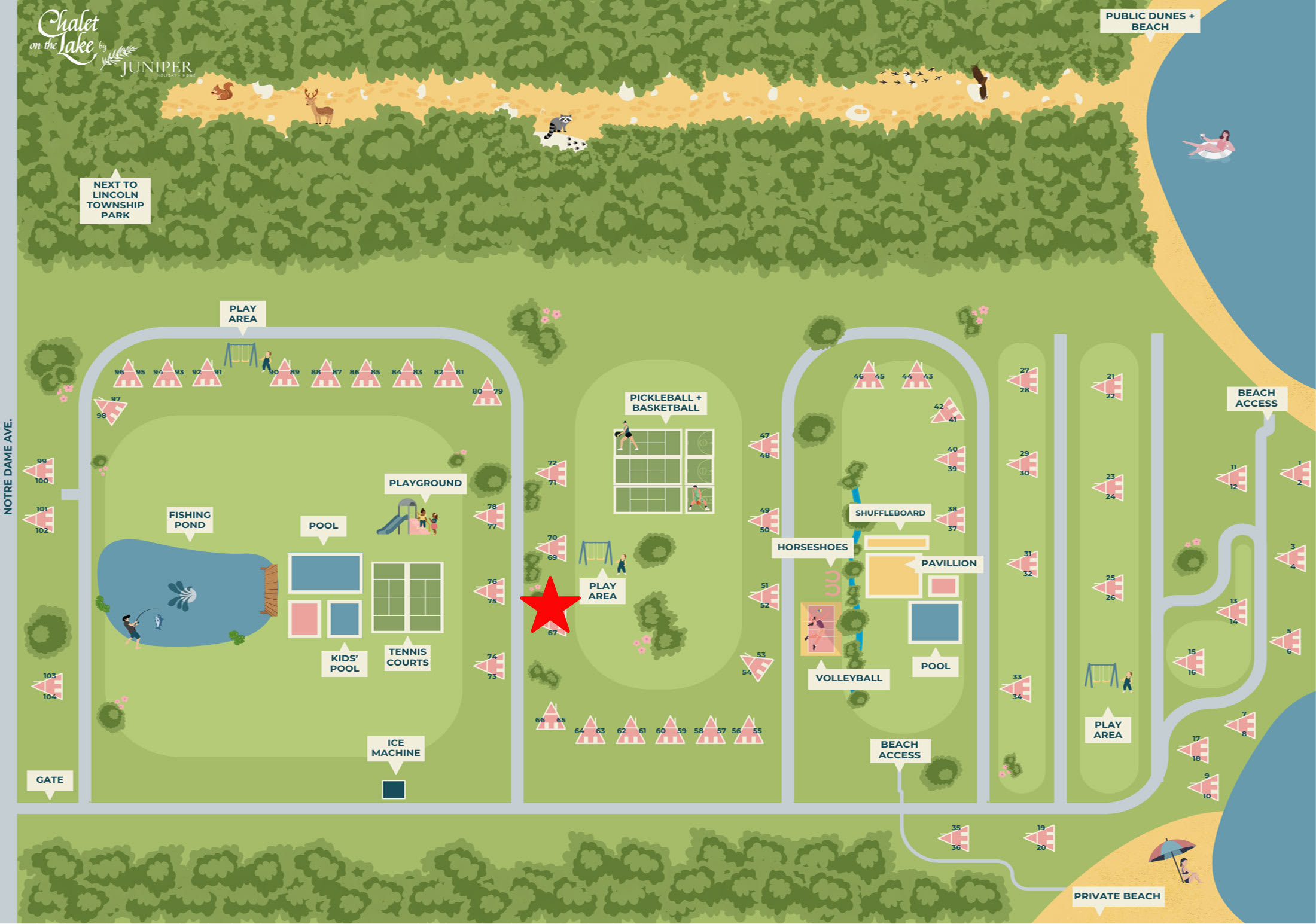 Illustrated map of the Chalet on the Lake resort, detailing the layout of A-frame chalets, various play areas, tennis courts, pools, a fishing pond, and beach access points. A red star highlights a specific chalet location.