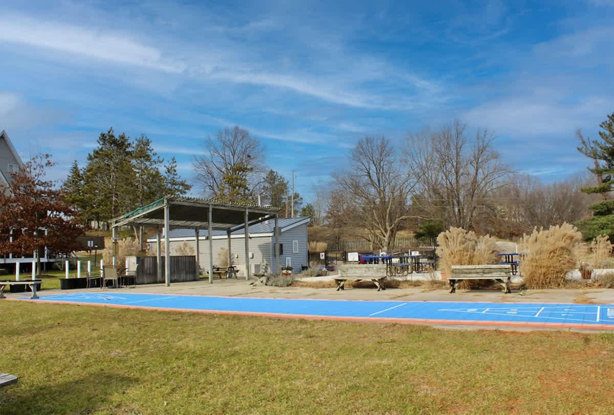 Outdoor shuffleboard court with a blue playing surface, flanked by wooden benches and a covered pavilion with a metal roof. The surrounding landscape features bare trees and dry grasses, suggesting a cooler season.