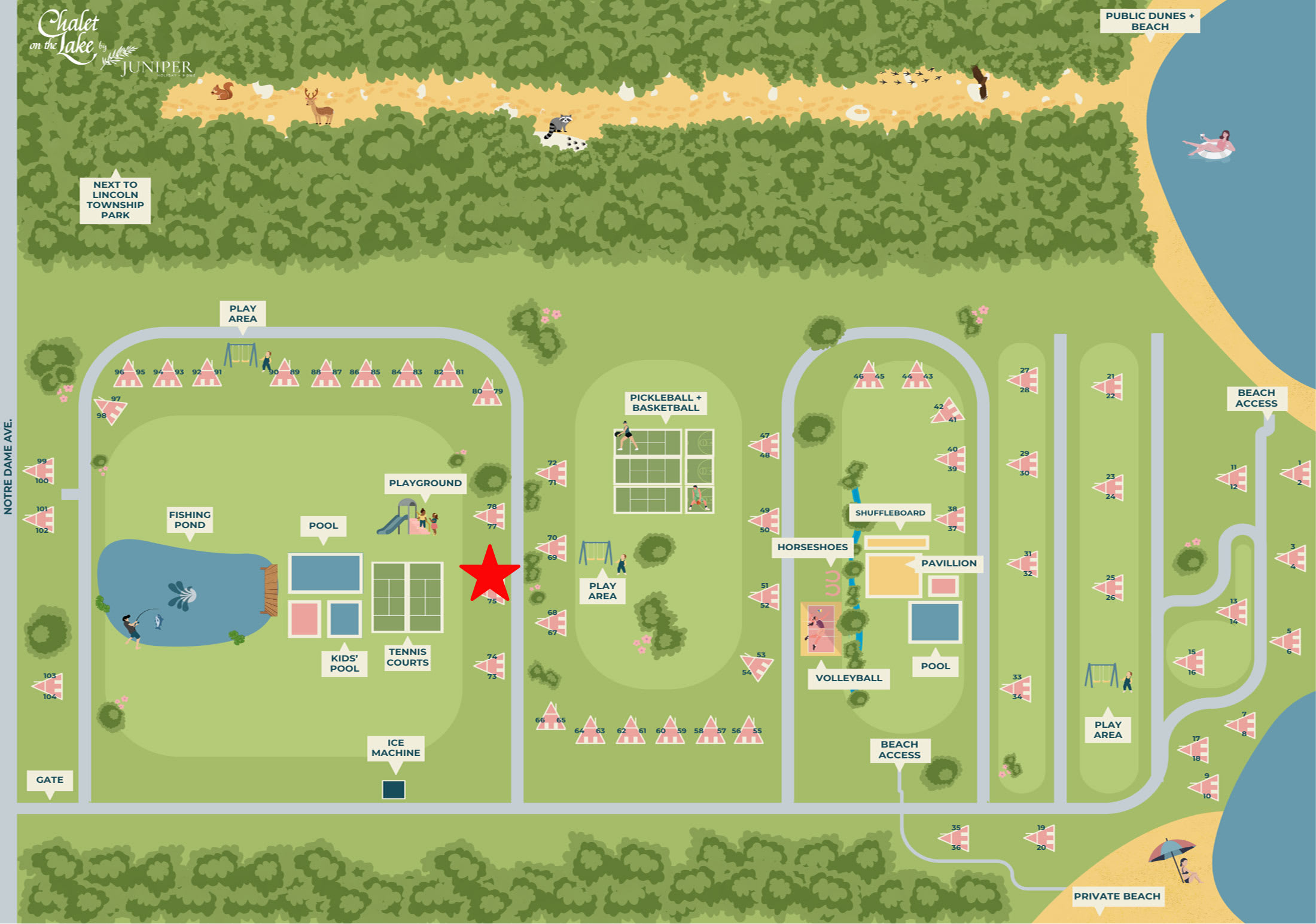 Illustrated map of the Chalet on the Lake resort, showing the layout of A-frame chalets, amenities like pools, tennis courts, playground, fishing pond, and beach access points.