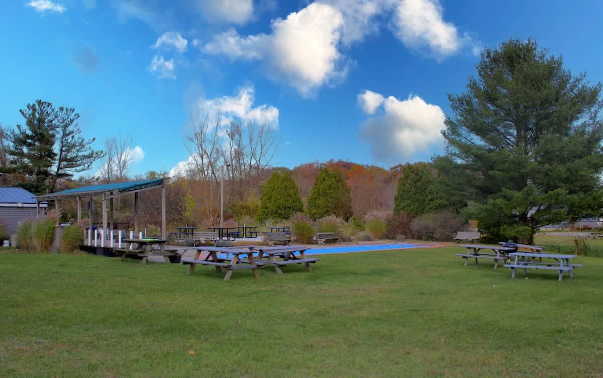An expansive grassy outdoor area is furnished with numerous wooden picnic tables, a covered patio structure with additional seating, and a distinct blue-surfaced area, possibly a court or pool, surrounded by mature trees and natural landscaping.